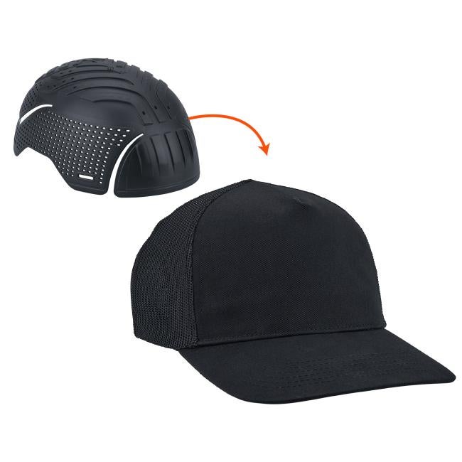 Black trucker-style cap with mesh back and a separate perforated black shell insert shown above it with an orange arrow indicating placement.