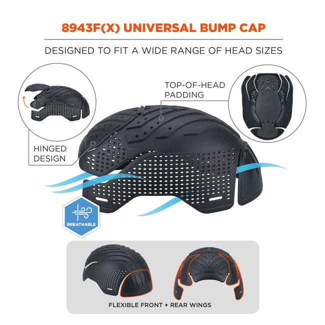 Black perforated flexible bump cap insert shown in multiple side and top views with airflow graphics.