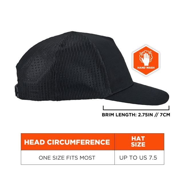 Black mesh trucker-style cap side view with short brim, orange hand-wash icon and partial brim-length/size chart.