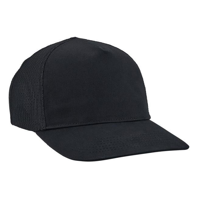 Black cap with solid front panel, mesh back panels, and curved brim, shown at an angled close-up.