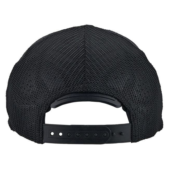 Back view of a black mesh cap showing the center seam, curved inner sweatband, and adjustable plastic snapback closure.