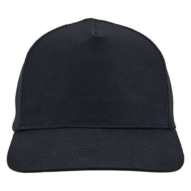 Close-up of black cap front panel with mesh side panels and stitched curved brim