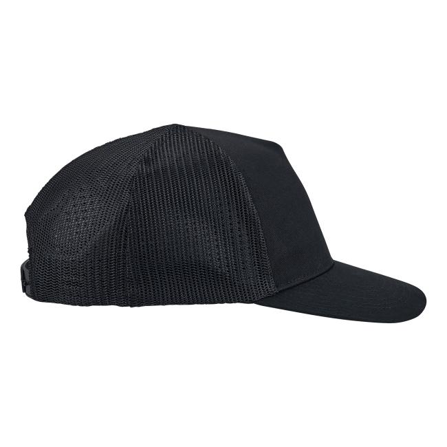 Side view of black trucker-style cap with mesh back and curved brim