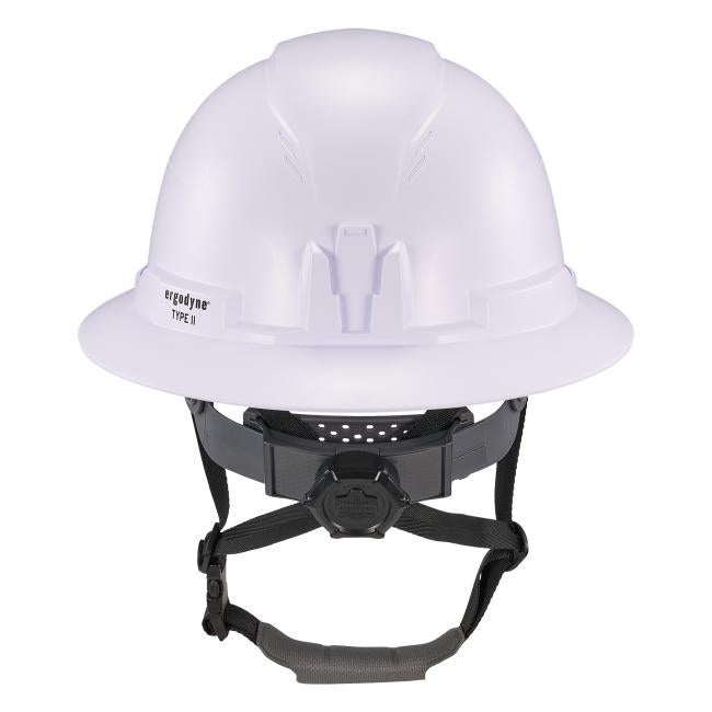 Back view of white full brim safety helmet