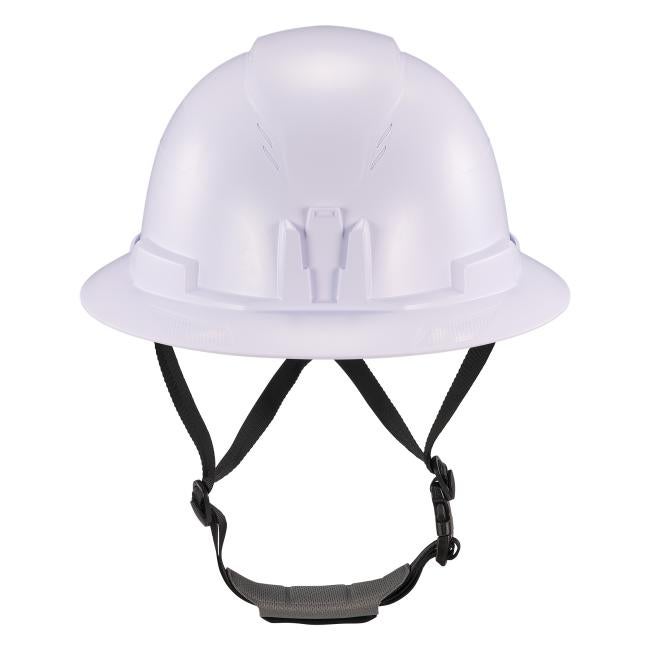 Front view of white full brim safety helmet