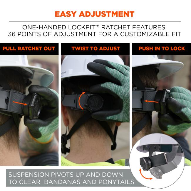 Easy Adjustment: One-handed LockFit™ ratchet features 36 points of adjustment for a customizable fit. You pull the ratchet out, twist to adjust, and push in to lock. The suspension pivots up and down to clear bandanas and ponytails.