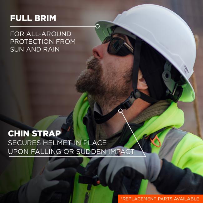 Full Brim / Chin Strap: The full brim provides all-around protection from sun and rain. The chin strap secures the helmet in place upon falling or sudden impact. Replacement parts are available.