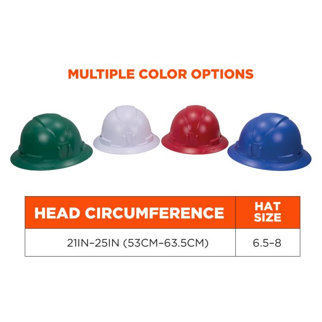 Multiple Color Options: The helmet is available in multiple color options including green, white, red, and blue. It fits head circumferences from 21IN–25IN (53CM–63.5CM) and hat sizes from 6.5–8.