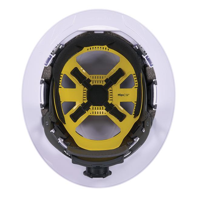 Under view of MIPS full brim safety helmet with MIPS suspension