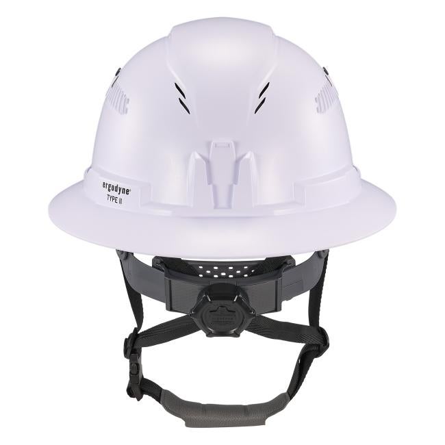 Back view of white full brim safety helmet