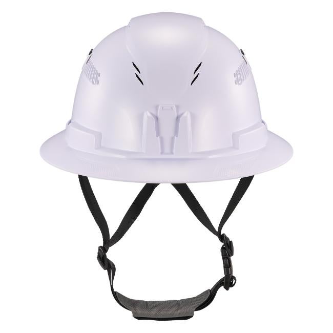 Front view of white full brim safety helmet