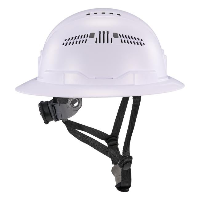 Profile view of white full brim safety helmet