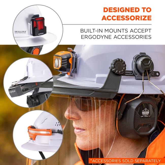 Designed to Accessorize: Built-in mounts on the helmet accept various Ergodyne accessories such as headlamps, clips, and earmuffs. Accessories are sold separately.