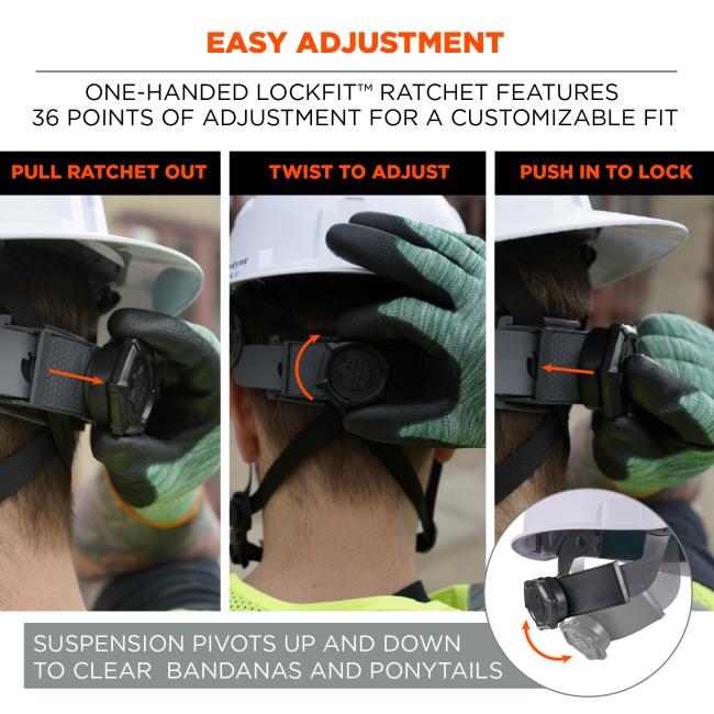 Easy Adjustment: The one-handed LockFit™ ratchet system provides 36 points of adjustment for a precise and customizable fit. Users can pull the ratchet out, twist to adjust, and push it in to lock. The suspension also pivots to accommodate bandanas and ponytails.