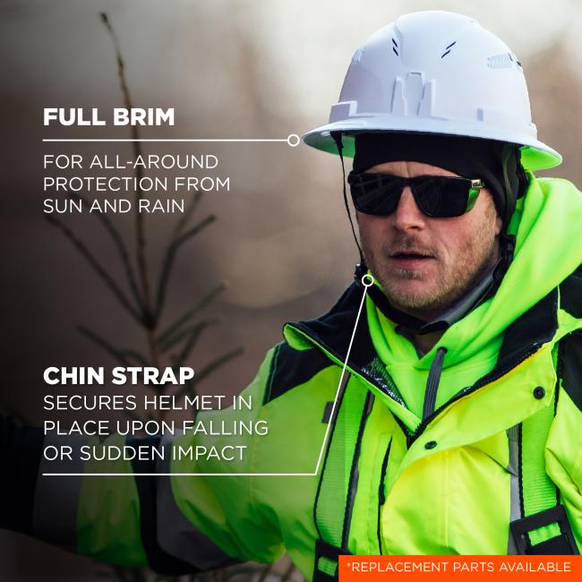 Full Brim / Chin Strap: The full brim offers all-around protection from sun and rain. The chin strap keeps the helmet securely in place during falls or sudden impacts. Replacement parts are available.