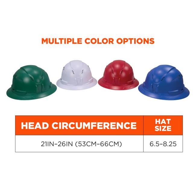 Multiple Color Options: Helmets are offered in a range of colors including green, white, red, and blue. They fit head circumferences of 21IN–26IN (53CM–66CM) and hat sizes from 6.5–8.25.