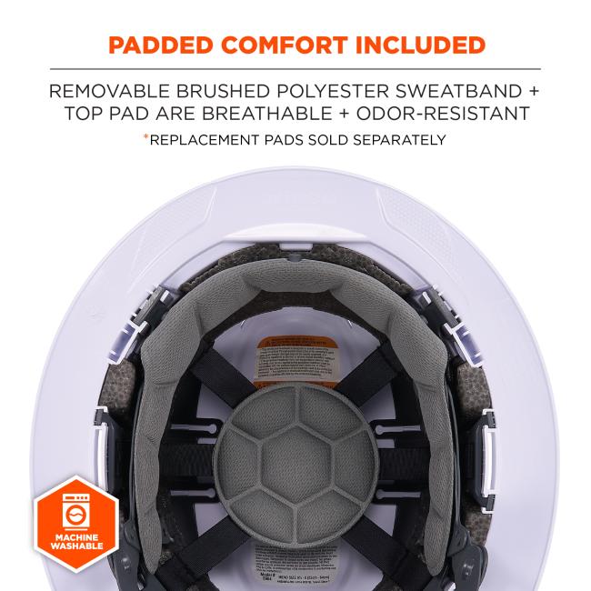 Padded Comfort Included: The interior includes a removable brushed polyester sweatband and a top pad, both of which are breathable and odor-resistant. These pads are machine washable and replacements are sold separately.