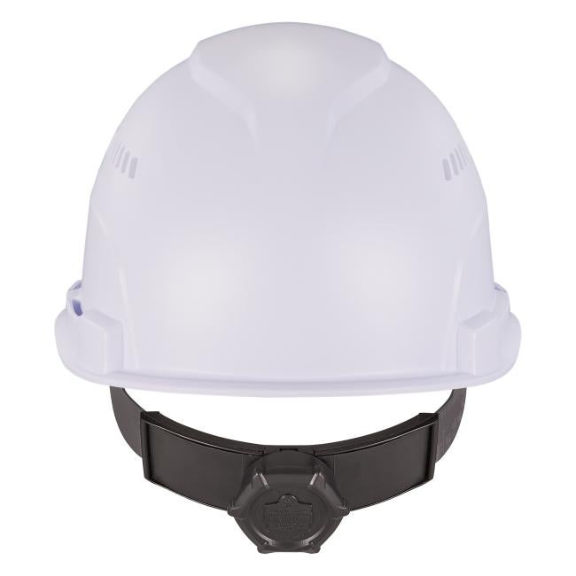 Back of white vented lightweight hard hat