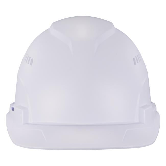 Front of white vented lightweight hard hat
