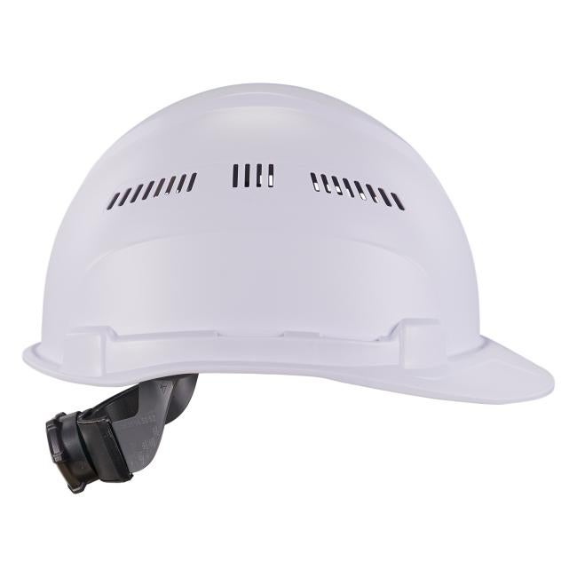 Side profile of white vented lightweight hard hat