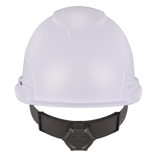 Back of white lightweight hard hat