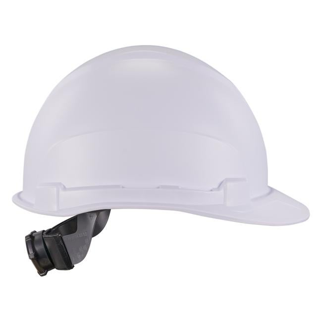 Side profile of white lightweight hard hat