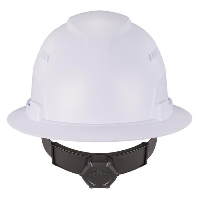 Back of white lightweight vented full brim hard hat