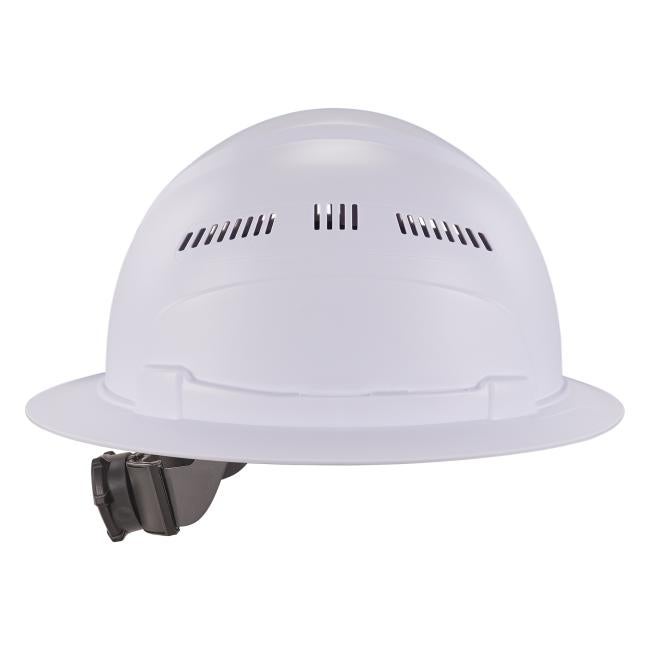 Side profile of white lightweight vented full brim hard hat