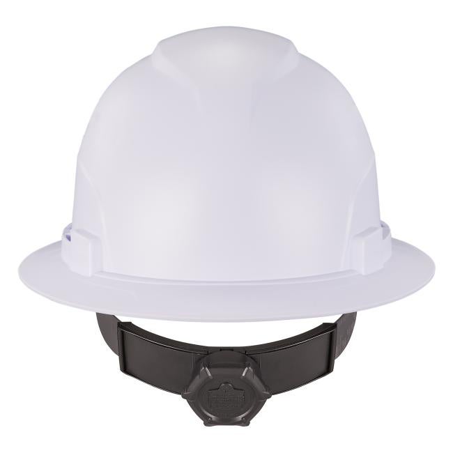 Back of white lightweight full brim hard hat
