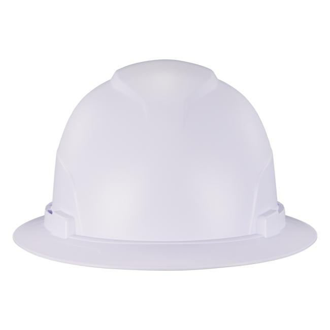 Front of white lightweight full brim hard hat
