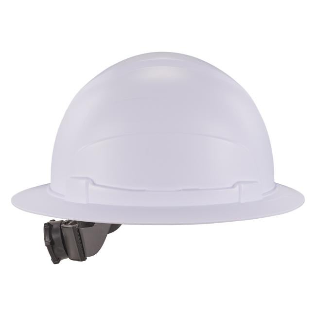 Side profile of white lightweight full brim hard hat