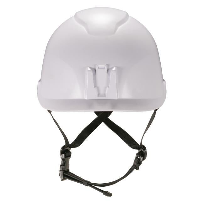 Front of white safety helmet