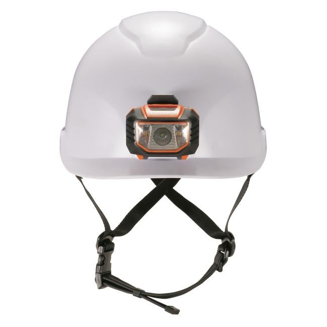 Front of white safety helmet with led light