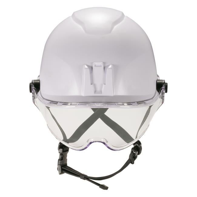 Front of white safety helmet with clear visor