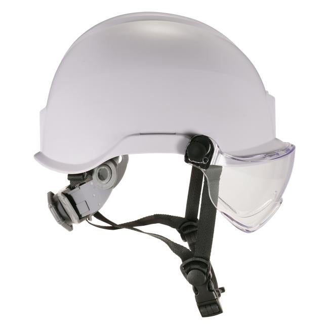Side profile view of white safety helmet with clear visor