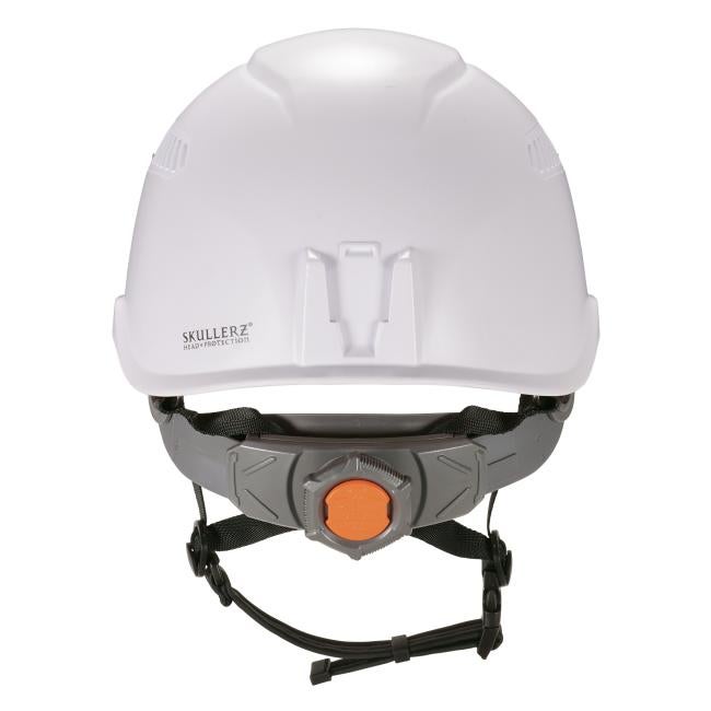 Back of white vented safety helmet