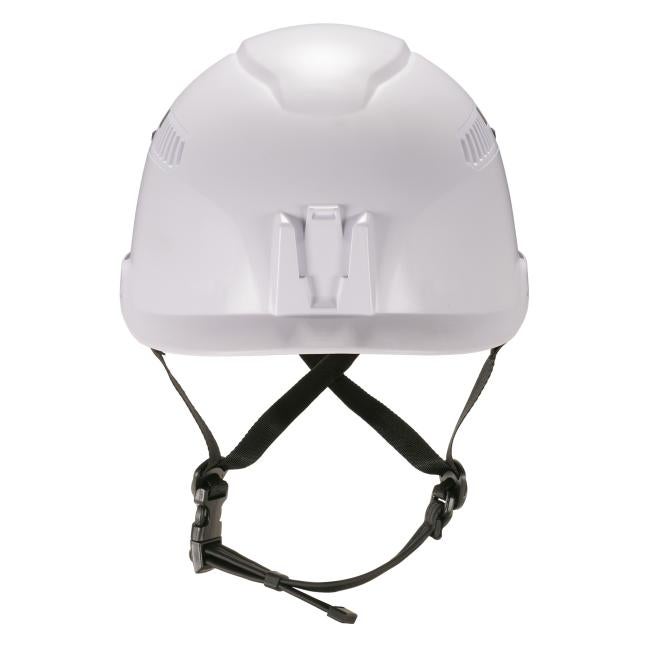 Front of white vented safety helmet