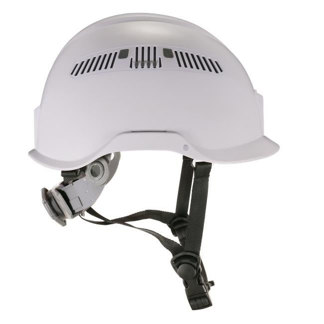 Side profile of white vented safety helmet