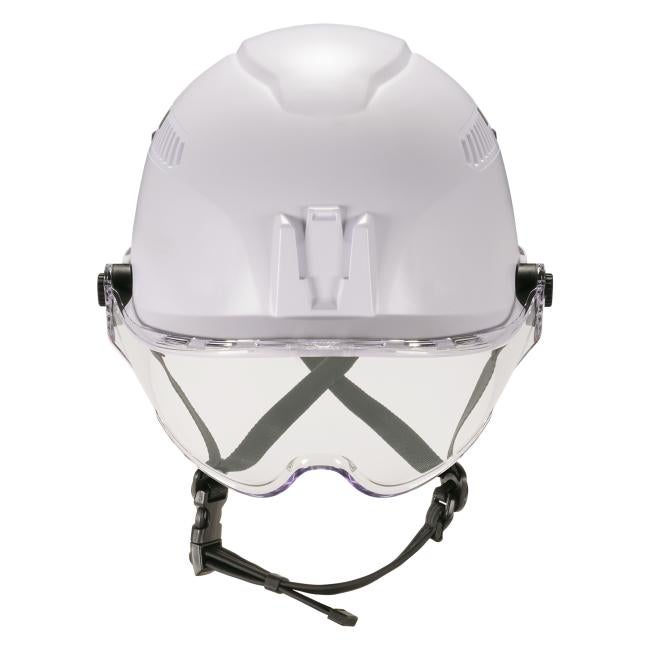 Front of vented white safety helmet with clear visor