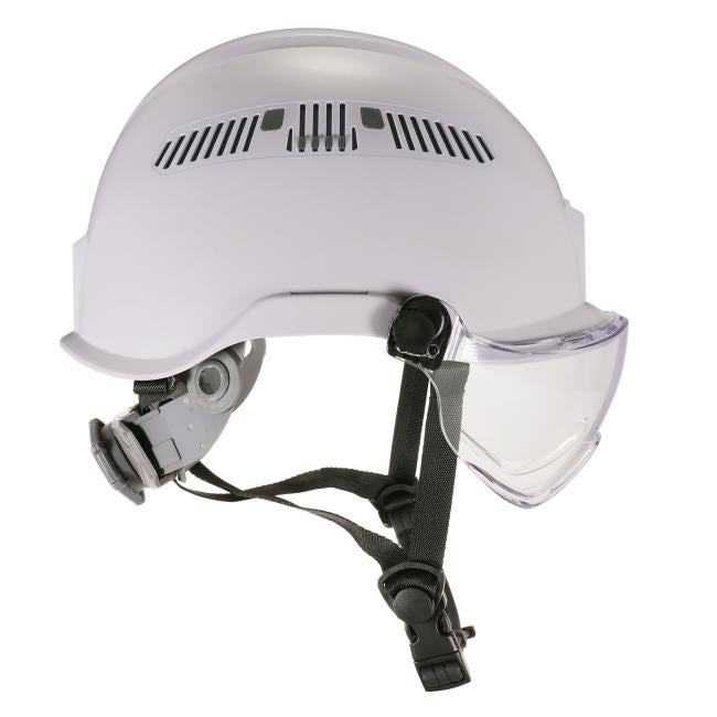 Side profile of vented white safety helmet with clear visor
