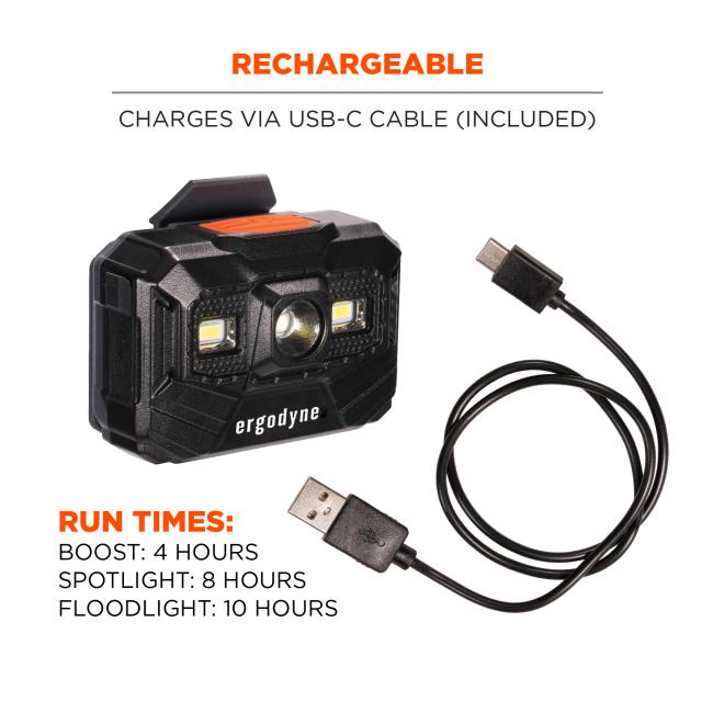 Rechargeable: charges via usb-c cable (included). Run times: boost for four hours, spotlight for 8 hours, and floodlight 10 hours.