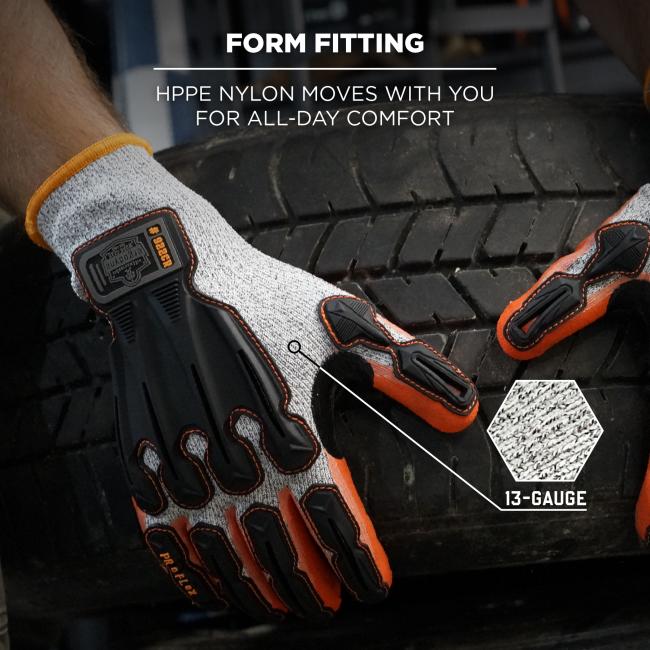 Gray knit work gloves with orange trim and black rubber reinforcements resting on a worn tire, with a magnified fabric inset and overlay text.