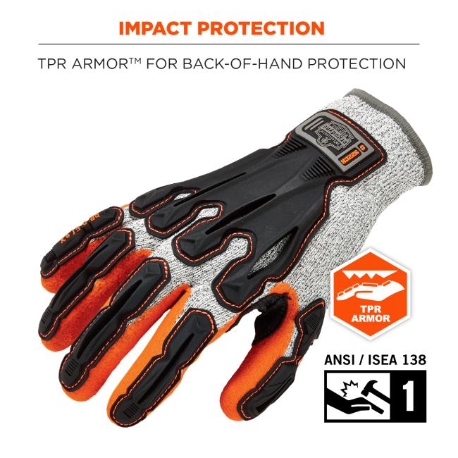 Gray knit glove with orange palm and black TPR rubber armor on back of hand and fingers, orange stitching; packaging text "IMPACT PROTECTION" visible.
