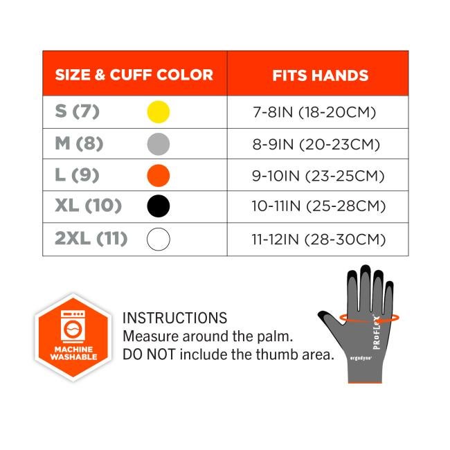 Partial size chart showing sizes S–2XL with colored cuff dots, machine washable orange hexagon icon, and gray glove illustration