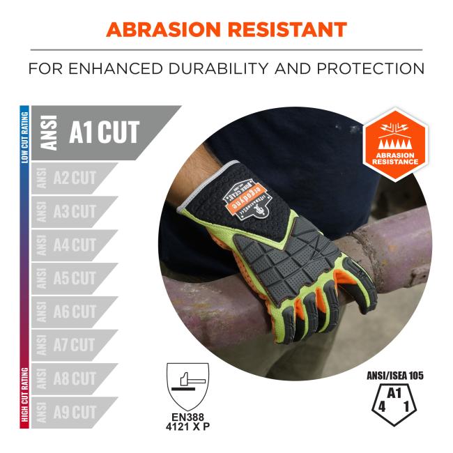 Green, black and orange protective glove with textured palm gripping a rusty metal pipe, shown with Abrasion Resistant label and safety icons