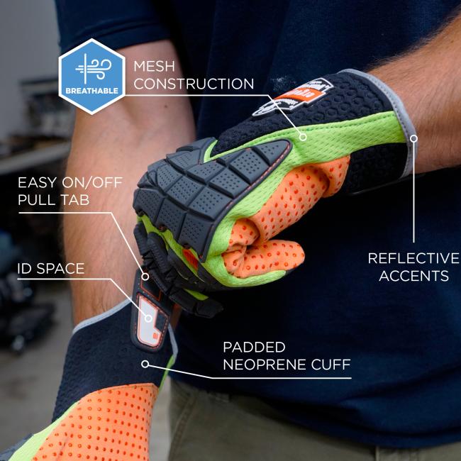 Close-up of person wearing neon green and orange padded gloves with black textured rubber grip, perforated orange lining and reflective trim