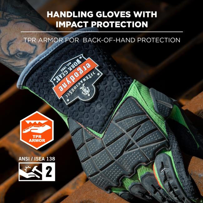 Close-up of green and black work glove showing textured rubber TPR impact pads on back of hand and orange TPR Armor badge