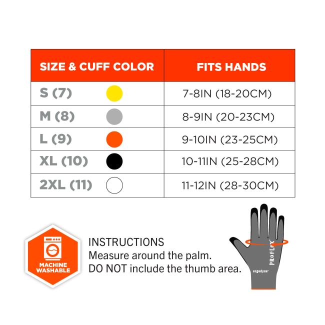 Size chart showing S(7) to 2XL(11) with colored cuff dots and hand width ranges in inches/cm, plus machine-washable icon and glove diagram.
