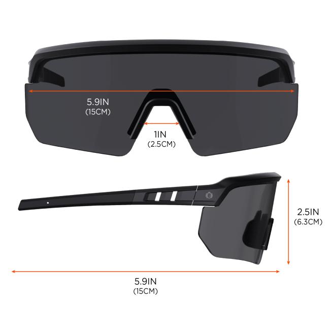 The glasses measure 5.9 inches (15 cm) across the frame and temples, with a bridge width of 1 inch (2.5 cm) and a lens height of 2.5 inches (6.3 cm).