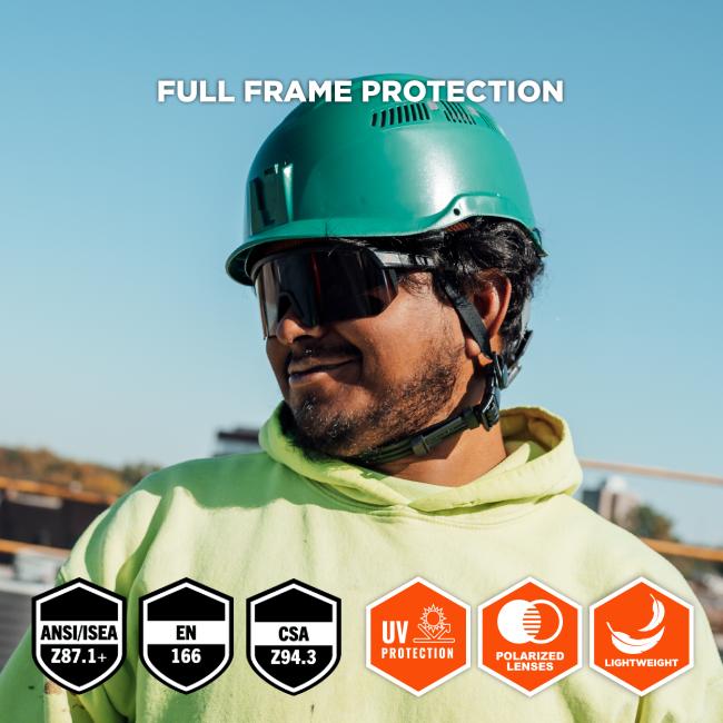 These glasses provide full frame protection and are lightweight. They meet ANSI/ISEA Z87.1+, EN 166, and CSA Z94.3 safety standards, and include polarized lenses for additional eye protection. They also offer UV protection, filtering out 99.9% of harmful UV rays.